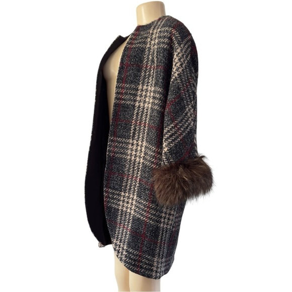 Vintage Y2K Echo Brown Wool Blend Plaid Overcoat Faux Fur Cuffs Wrap‎ Jacket M/L - Picture 7 of 15
